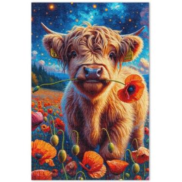 Imagem de Quebra-cabeça Highland Cattle Calf Poppy Flower 1000 peças para adultos, brinquedo familiar, arte personalizada Prime Puzzles engraçados, presentes de jogo de quebra-cabeça, 75 x 40 cm