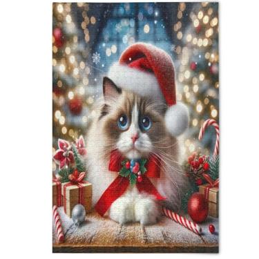 Imagem de Quebra-cabeça 1000 peças adulto gato de Natal Ragdoll gatinho elefante branco paisagem quebra-cabeças impressão animal obra de arte, 1000 peças, 75 x 50 cm