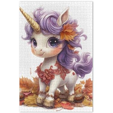 Imagem de Quebra-cabeça de folhas de outono de unicórnio fofo 500 peças adultos arte floral animal quebra-cabeças difíceis amigos família jogos presentes, 51 x 35 centímetros