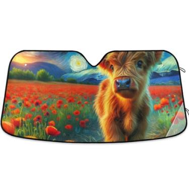 Imagem de Guarda-sol Highland Cow Poppy Flower Starry Car para para-brisa personalizado retrátil automotivo protetor solar floral S, 134,6 cm x 59,7 cm