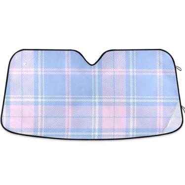 Imagem de Guarda-sol personalizado xadrez azul rosa branco tartã para para-brisa de carro engraçado animal dobrável capa de para-brisa automotivo protetor solar retrátil M, 139,7 cm x 70,1 cm