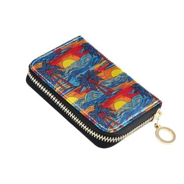 Imagem de Carteira feminina compacta pequena com bloqueio de RFID, porta-cartões de crédito, estilizada, palmeiras coloridas, carteira para dinheiro de viagem com bolso para moedas