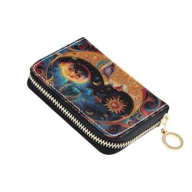 Imagem de Carteira feminina boho colorida lua sol carteira de couro porta-cartões bloqueio RFID estética carteira de viagem com zíper