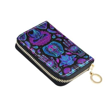Imagem de Carteira de cartão de crédito com bloqueio de RFID, linda carteira feminina de couro com zíper, carteira masculina com bolso para moedas, flor de lótus neon, preta e roxa