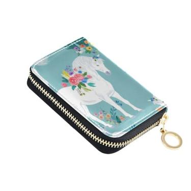 Imagem de GAIGEO Carteiras compactas femininas pequenas com porta-cartões com bloqueio de RFID, cavalos brancos, floral, turquesa, zíper, porta-moedas, com chaveiro