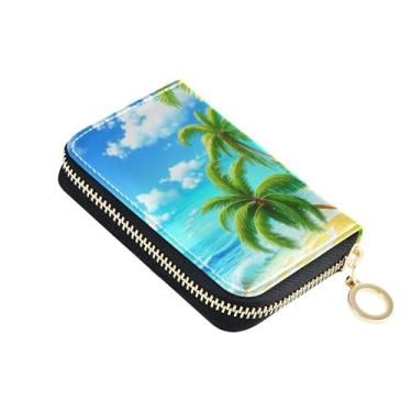 Imagem de Tropical Beach Palm Trees Carteira feminina com zíper em torno do protetor de cartão de crédito, bloqueio de RFID, minimalista, porta-moedas com chaveiro
