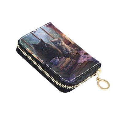 Imagem de Carteira feminina de couro, porta-cartão de crédito, bloqueio de RFID, zíper ao redor, carteira de dinheiro de viagem com bolso para moedas, livros místicos de gatos pretos à luz de velas