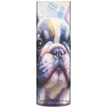 Imagem de Vaso de flores cilíndrico colorido com estampa de cachorro Pug Vaso de flores alto decorativo de plástico personalizado para decoração de sala de estar, 30 cm x 9,9 cm