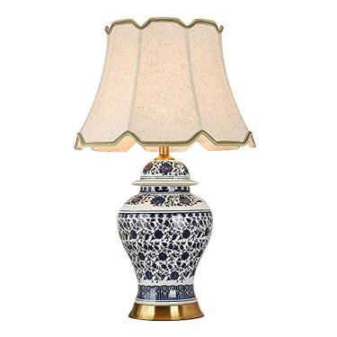 Imagem de Abajur de mesa grande em porcelana cerâmica oriental azul e branca, estilo chinês, pintado à mão, para cabeceira de quarto, com cúpula em formato de sino. Lindos abajures em estilo Chinoaser