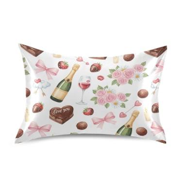 Imagem de Wassud Fronha de cetim para o dia dos namorados vinho tinto e rosas para cabelo e pele fronhas de seda lisa tamanho queen fronhas respiráveis com fecho de envelope