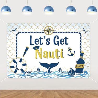 Imagem de Funmemoir Pano de fundo Let's Get Nauti - Fundo de vinil com tema náutico azul e dourado de 1,5 x 0,9 m com desenhos de âncora e veleiro para cruzeiro, despedida de solteira, chá de noiva, festa de