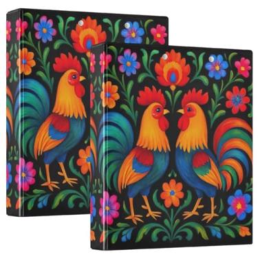 Imagem de Fichários pretos coloridos de galos de arte folclórica de 3 cm, 3 anéis, 200 folhas, fichário fofo para prancheta, floral, redondo, fichário de escritório, 31,5 x 27 x 6 cm, 1 pacote
