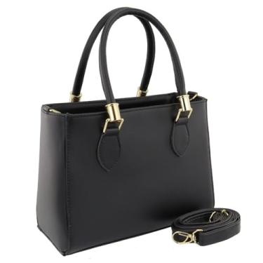 Imagem de Bolsa de Mão Elegante em Couro Sintético, Preta, com Alças Duplas e Detalhes Dourados, com Alça Transversal Removível