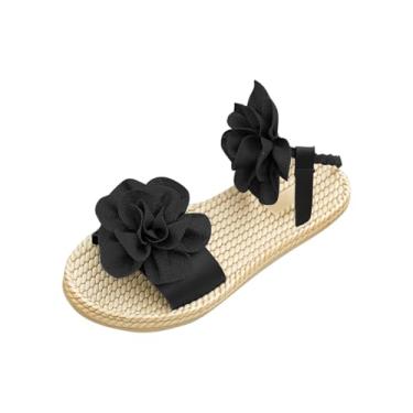 Imagem de Sandálias rasteiras femininas casuais primavera verão praia cor sólida flor bico aberto tira no tornozelo, ideal para uso confortável e versátil, Preto, 36