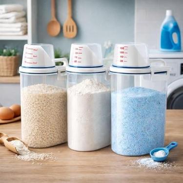 Imagem de CJL Home – Kit 3 Potes Herméticos 2L com Tampa Vedante e Copo Medidor | Organizadores para Cozinha e Lavanderia | Para Sabão em Pó, Cereais, Grãos e Mantimentos