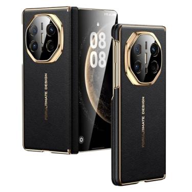 Imagem de FWYANZH Capa de couro genuíno para Huawei Mate X7, capa traseira magnética para telefone, proteção total da dobradiça, capa galvanizada à prova de choque, preta, Mate X7
