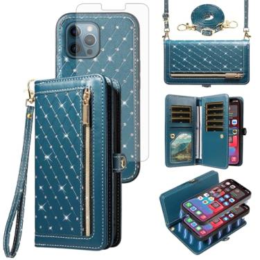 Imagem de Capa de celular para iPhone 12 Pro iPhone12 6.1 6.1 carteira destacável com protetor de tela, alça transversal para cartão de crédito Bling iPhone12pro 5G i 12s 12pro mulheres meninas verde escuro