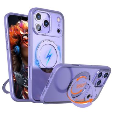 Imagem de Capa de celular de luxo com suporte dobrável e anel magnético giratório para iPhone 17 Air 16 15 14 13 12 11 Pro Max, com protetor de lente e capa de acrílico transparente (para iPhone 15 Plus/Lilás
