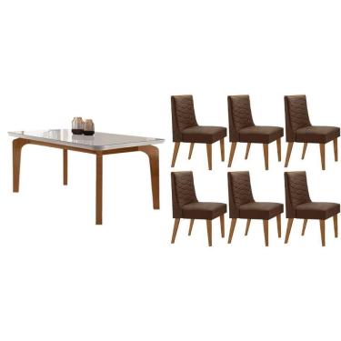 Imagem de Sala Jantar Mesa Londrina Tampo c/ Vidro Curvo 180cm+6 Cadeiras Dafne Madeira Naturale/Off White - Capuccino/Suede Marrom - Rufato