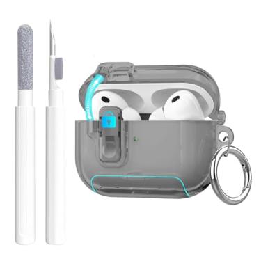 Imagem de Capa transparente para Apple AirPods Pro 3 2025 com trava de segurança, capa de TPU macio com suporte de telefone e kit de limpeza, chaveiro fofo para mulheres e meninas, preto transparente