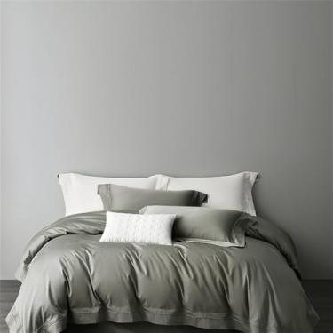 Imagem de Conjunto de cama em cetim de algodão, cor sólida, macio e sedoso, com capa de edredom, lençol de baixo, lençol de baixo com elástico e fronhas, verde e cinza. Lençol de baixo com 1,8 m de largura.