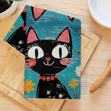 Imagem de Retrato de gato de desenho animado toalhas de cozinha, gatos florais artísticos decorativos pano de prato de microfibra absorvente toalha de chá, toalhas de mão macias waffle para casa de fazenda