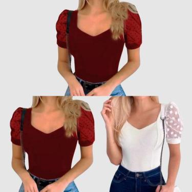 Imagem de Kit 3 Body Blusa Canelada Manga Curta Tule Poa Moda Casual Verão Top -
