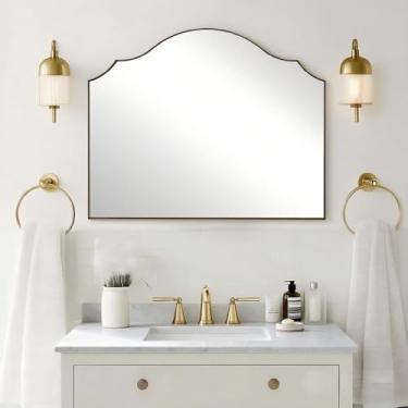 Imagem de ANDY STAR Espelho de cornija arqueada recortada, espelho de vaidade dourado escovado de 81 x 71 cm em moldura de metal de aço inoxidável, espelhos de parede vintage para lareira, quarto, sala de estar