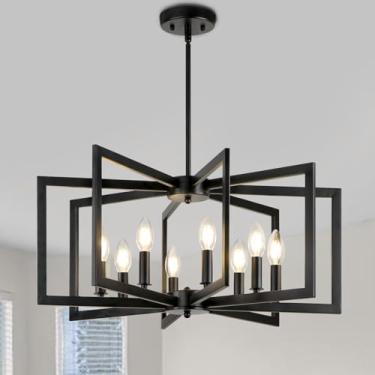 Imagem de WBinDX Lustre preto, luminária moderna para sala de jantar de 8 luzes, grande pingente geométrico, lustres de casa de fazenda pendurados em metal para entrada, hall de entrada, sala de estar quarto