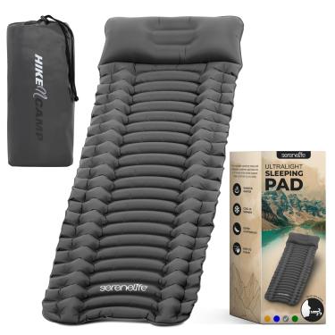 Imagem de SereneLife Almofada de dormir com travesseiro para acampamento – Tapete de dormir compacto com enchimento rápido, leve e resistente a rasgos, colchão de ar para mochila com bolsa de transporte para