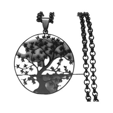 Imagem de Colar Longo Masculino Em Aço Inoxidável Preto 2023 Com Pingente Árvore