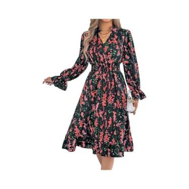 Imagem de Vestido Elegante Feminino Com Estampa Floral Decote Em V Manga Longa C