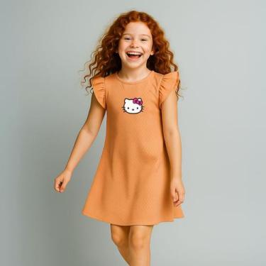 Imagem de Vestido Infantil Hello Kitty com Mangas Franzidas Viscose Trabalhada, 