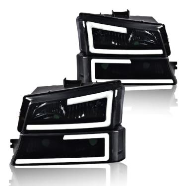 Imagem de G-PLUS Conjunto de faróis de LED, compatível com Chevy Silverado 2003-2006 1500 1500HD 2500 2500HD 3500/Chevy Avalanche 1500 2500 par de faróis, lente esfumaçada preta refletor transparente GM2502224