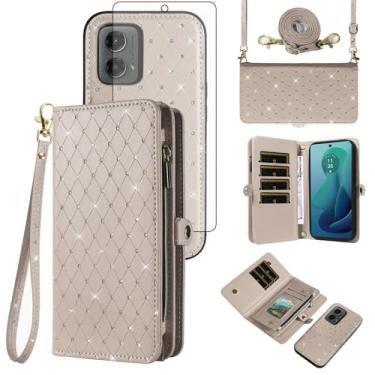 Imagem de Asuwish Capa de celular para Motorola Moto G 5G 2024 com zíper carteira destacável com protetor de tela de vidro temperado alça transversal alça flip glitter porta-cartão slot G5G 5 G G5 mulheres