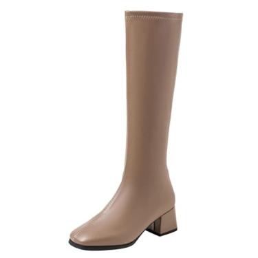 Imagem de Botas femininas de bico quadrado, salto médio, salto grosso, cor sólida, casual, inverno, Caqui, 38
