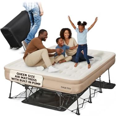 Imagem de Oaktiv Colchão de ar Queen com moldura, cama autoinflável/esvaziadora para adultos - Cama inflável PeakRest, berço de acampamento com colchão para adultos - Queen portátil com estojo de viagem sobre