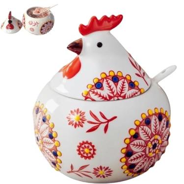 Imagem de Saleiro de cerâmica com tampa e colher | Recipiente grande de sal de galinha de 368 g | Recipientes de sal e pimenta para bancada | Suporte de sal para tigela de açúcar, pote de doces para decoração