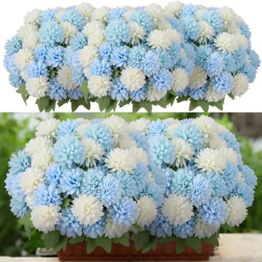 Imagem de XunYee 12 peças de flores artificiais falsas mães brancas e azuis sortidas de seda falsa para mãe crisântemos buquê de calêndula de primavera para vaso de mesa, arranjo floral para casamento, casa