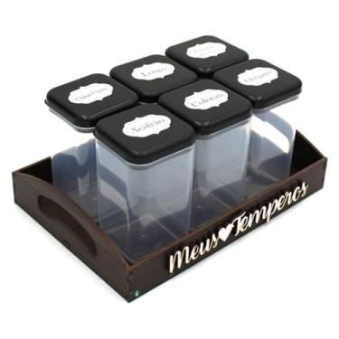 Imagem de Bandeja organizadora de temperos em MDF decorado com 6 potes, porta condimentos e mantimentos para cozinha prática e organizada