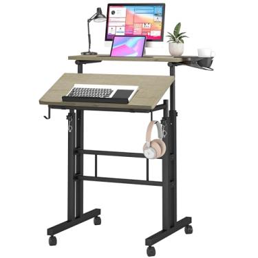 Imagem de Mesa de pé sobre rodas Klvied, mesa de computador portátil para escritório em casa, mesa com rodinhas para laptop com suporte de copo removível, carrinho de laptop ajustável para ficar em pé ou