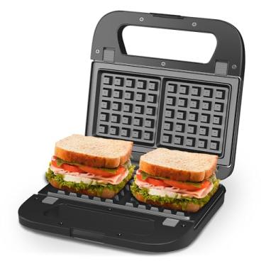 Imagem de SUNVIVIPRO Sanduicheira elétrica 3 em 1, conjunto Panini Press Grill e Waffle Iron, Grill e Sandwich Press com placas antiaderentes removíveis, luzes indicadoras e alça de toque frio, 750W, preto