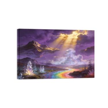 Imagem de Impressões em tela de arte de parede surrealismo - rio nuvens nascer do sol - pintura de decoração de paisagem - imagens para sala de estar pronta para pendurar tela emoldurada 80 x 120 cm 31 x 47 pol