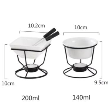 Imagem de Conjunto de Fondue de Chocolate Cerâmica com Aquecedor a Vela, Tigela Branca 200ml, Suporte de Metal Preto, 2 Garfos, 10cm