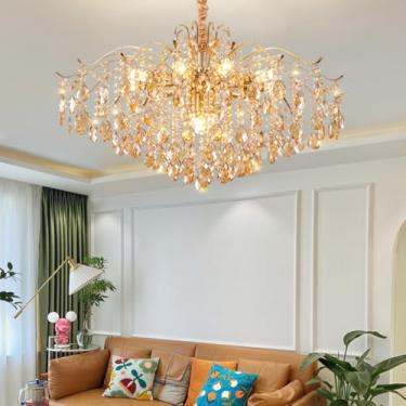 Imagem de Lustre de cristal moderno, soquete E14*12, luminária de teto dourada com cúpulas de cristal, luminária pendente ajustável para sala de estar, sala de jantar, ilha de cozinha, hall de entrada