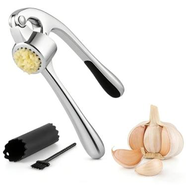 Imagem de Espremedor de alho de aço inoxidável – Picador e triturador de alho profissional resistente com tachas, à prova de ferrugem, lavável na lava-louças, fácil de espremer, inclui descascador e escova de