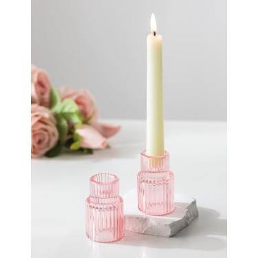 Imagem de Romadedi Castiçais de vidro rosa - Conjunto de 2 castiçais com nervuras para mesa central de mesa elegante suporte cônico para festa de aniversário de casamento, chás de bebê, Dia dos Namorados, Dia