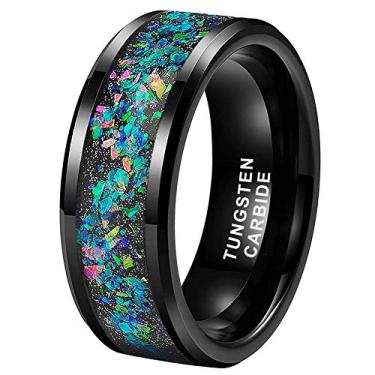 Imagem de TUTISS Anéis de tungstênio prateado/preto de 6 mm, 8 mm, para homens e mulheres, casal, galáxia, opala genuína, embutida, joias modernas, noivado, alianças de casamento, chanfradas, polidas,