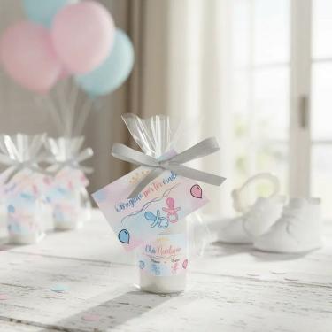 Imagem de Kit 25 Lembrancinhas Mini Hidratante Chá Revelação Menino ou Menina Festa Infantil