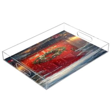 Imagem de STAYTOP Guirlanda de Natal com porta vermelha festiva bandeja de acrílico para servir 15,7 x 11,20 cm, bandejas decorativas à prova de derramamento, organizador de bancada para café da manhã, chá